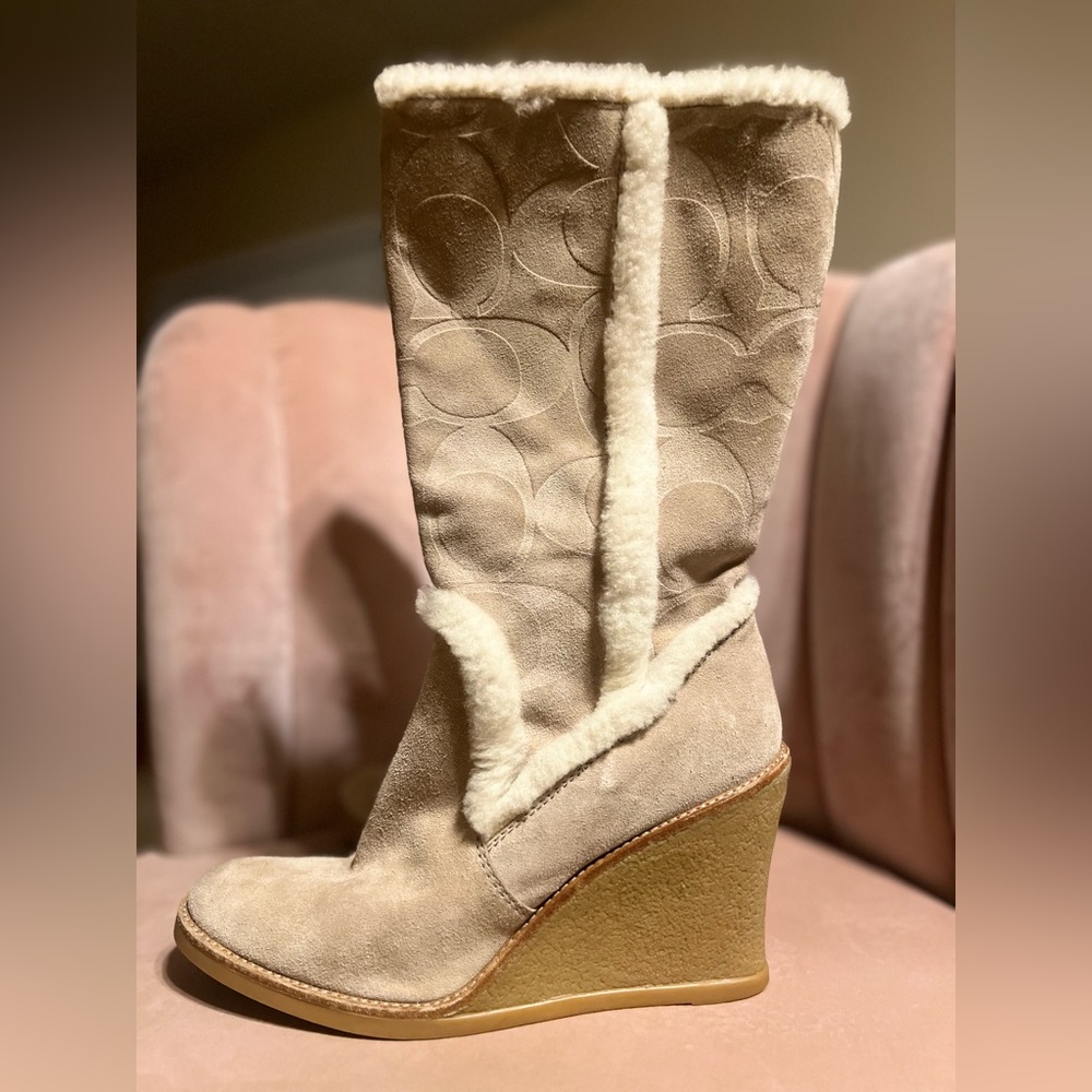 Coach Beige Heeled Boots with Shearling Trim